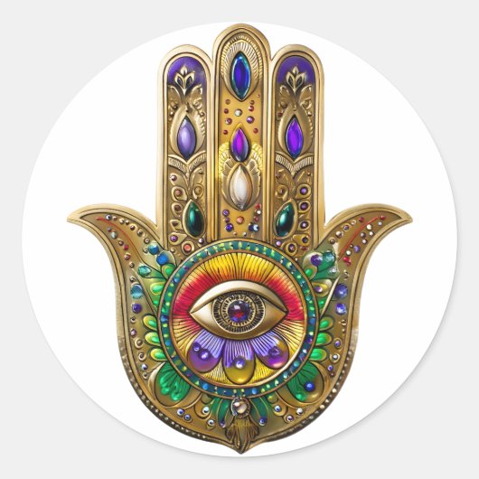 Painted Gold Hamsa Amethyst Ruby Third Eye Ronde Sticker (Voorkant)