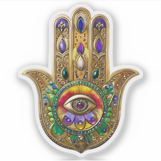 Painted Gold Hamsa Amethyst Ruby Third Eye Sticker (Voorkant)