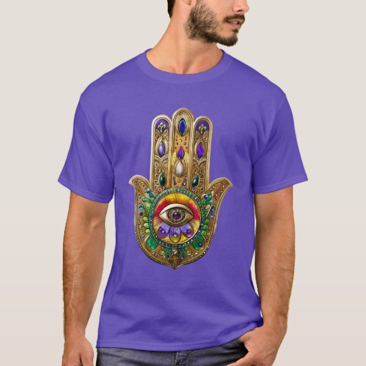 Painted Gold Hamsa Amethyst Ruby Third Eye T-shirt (Voorkant)