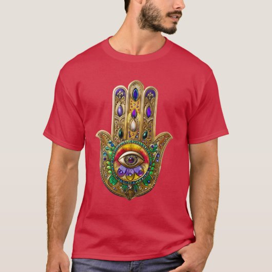 Painted Gold Hamsa Amethyst Ruby Third Eye T-shirt (Voorkant)