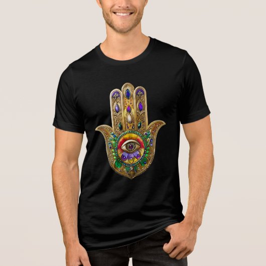Painted Gold Hamsa Amethyst Ruby Third Eye Tri-Blend Shirt (Voorkant)