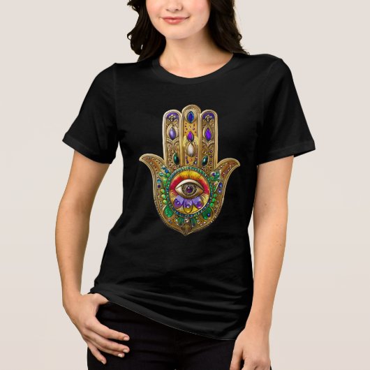 Painted Gold Hamsa Amethyst Ruby Third Eye Tri-Blend Shirt (Voorkant)