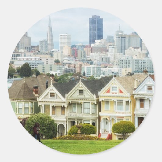 Painted Ladies, Victorian houses and skyline Ronde Sticker (Voorkant)