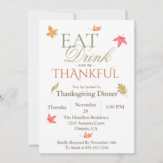 Painted Leaves Thanksgiving Dinner Invitation Kaart (Voorkant)