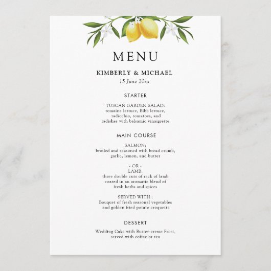 Painted lemons greenery foliage wedding menu (Voorkant)
