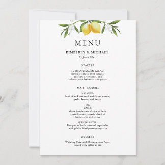 Painted lemons greenery foliage wedding menu kaart