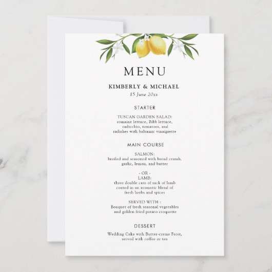 Painted lemons greenery foliage wedding menu kaart (Voorkant)
