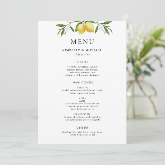 Painted lemons greenery foliage wedding menu kaart (Staand voorkant)