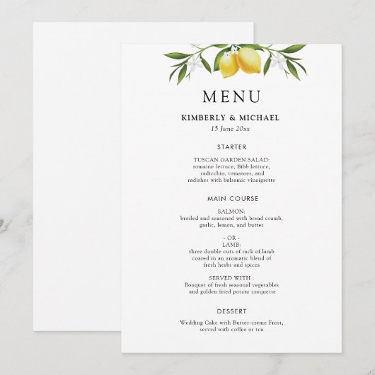 Painted lemons greenery foliage wedding menu kaart (Voorkant / Achterkant)