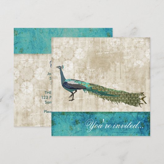 Painted Peacock Zee Blue & White Invitatio Kaart (Voorkant / Achterkant)