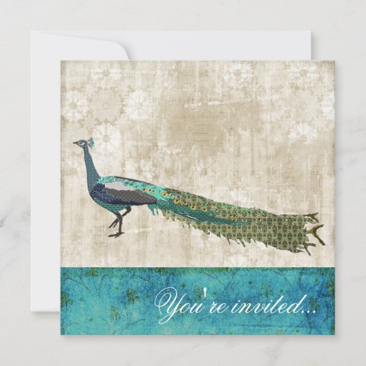 Painted Peacock Zee Blue & White  Invitatio Kaart (Voorkant)