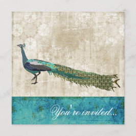 Painted Peacock Zee Blue & White  Invitatio Kaart