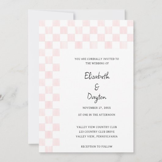 Painted Pink Checkerboard Pattern Wedding Kaart (Voorkant)
