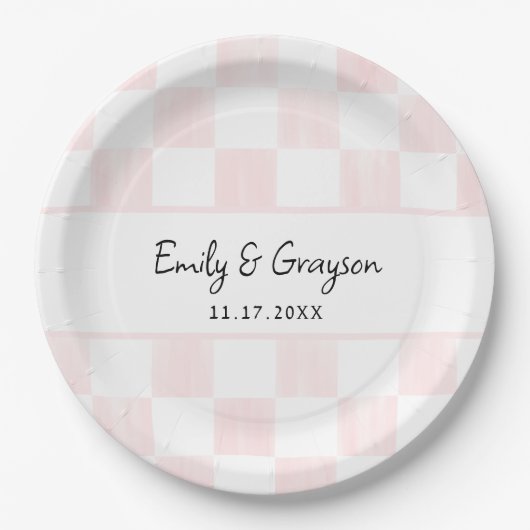 Painted Pink Checkerboard Pattern Wedding Papieren Bordje (Voorkant)