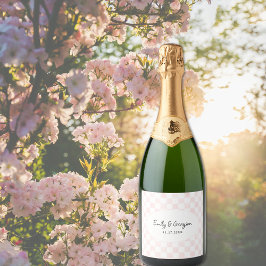 Painted Pink Checkerboard Pattern Wedding Sparkling Wijnetiket