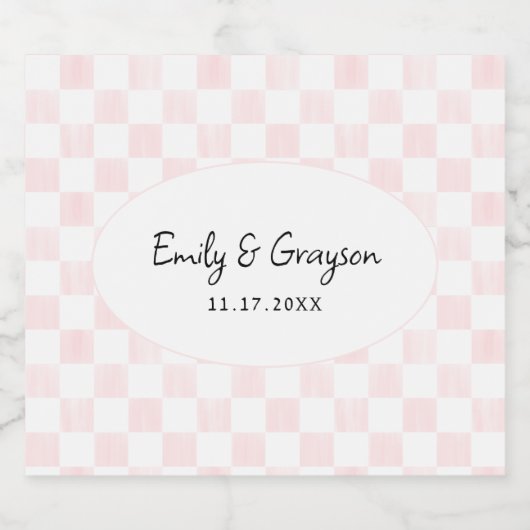 Painted Pink Checkerboard Pattern Wedding Sparkling Wijnetiket (Enkel label)