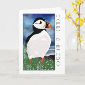 Painted Puffin Verjaardag Kaart - Verjaardag Kaart (Gele Bloem)