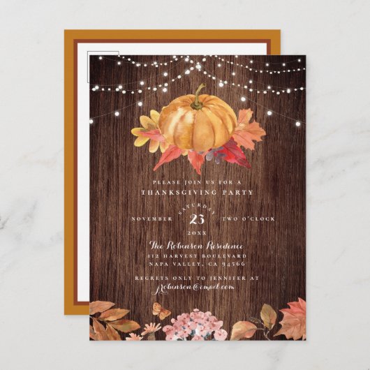 Painted Pumpkin & String Lights Thanksgiving Party Uitnodiging Briefkaart (Voorkant / Achterkant)