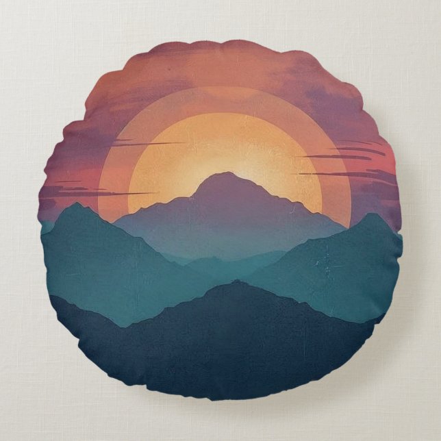 Painted Retro Mountain Sunset - Round Throw Pillow Rond Kussen (Voorkant)