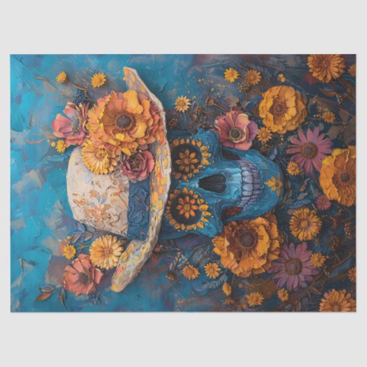 Painted Skull Marigolds Dag van de Dode Decoupage Tissuepapier (Voorkant)