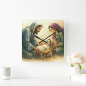 Painted Style Nativity Scene Holiday Card Vierkante Klok (Huis)