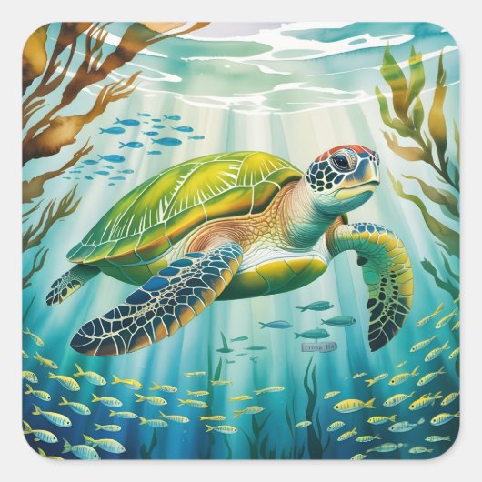 Painted Turtle Vierkante Sticker (Voorkant)