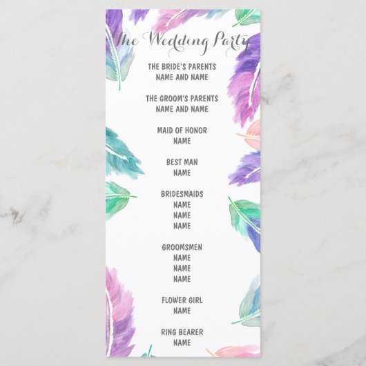 Painted waterverf Feathers Wedding Program Programmakaart (Achterkant)