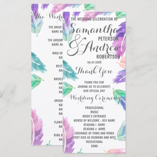 Painted waterverf Feathers Wedding Program Programmakaart (Voorkant / Achterkant)
