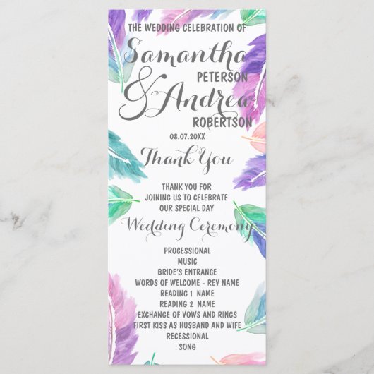 Painted waterverf Feathers Wedding Program Programmakaart (Voorkant)