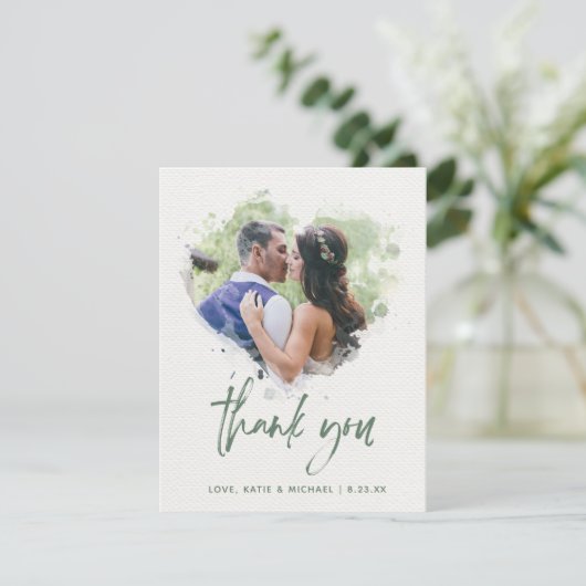 Painted Waterverf Heart Wedding Fotoscript Bedankkaart (Staand voorkant)