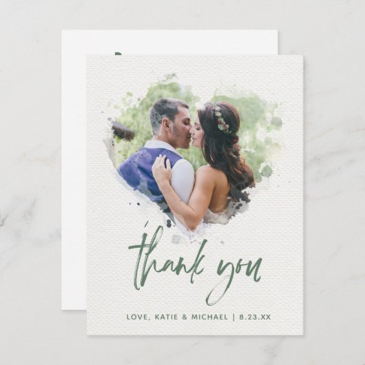 Painted Waterverf Heart Wedding Fotoscript Bedankkaart (Voorkant / Achterkant)