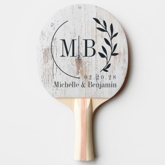 Painted White Wood Leaf Wedding Monogram Tafeltennisbatje (Achterkant)