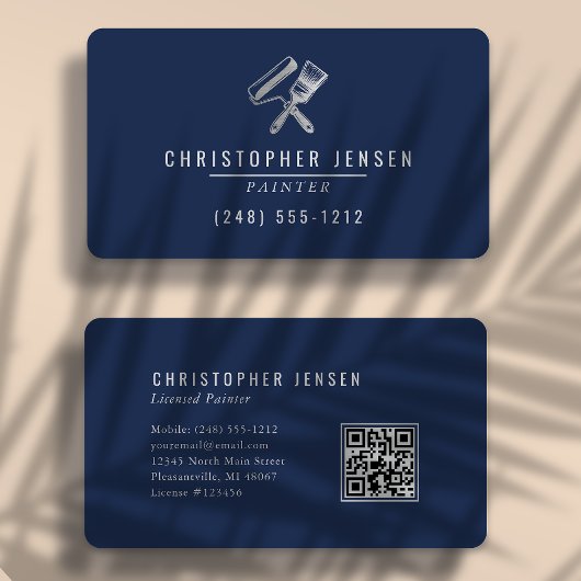 Painter QR Code Navy Blue Silver Rounded Painting Visitekaartje