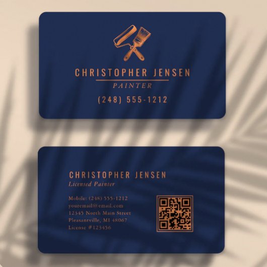 Painter QR Code Painting Navy Blue Copper Rounded Visitekaartje