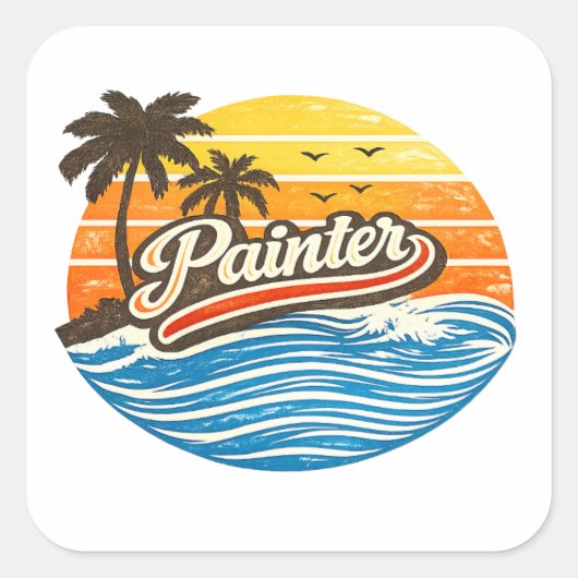 Painter Retro Sunset Design Vierkante Sticker (Voorkant)