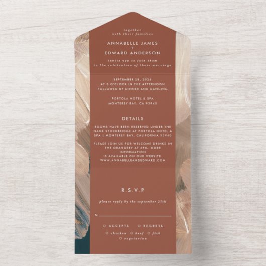 Painterly blauwgroen terracotta abstract rsvp brui all in one uitnodiging (Binnen)