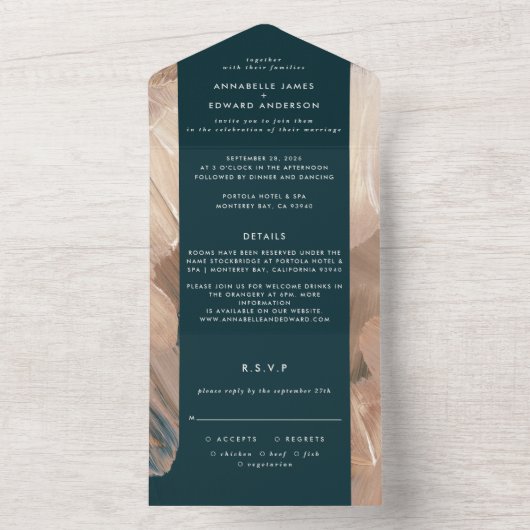 Painterly blauwgroen terracotta abstracte rsvp bru all in one uitnodiging (Binnen)