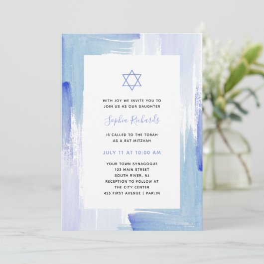 Painterly Blue Waterverf | Bat Mitzvah Kaart (Staand voorkant)