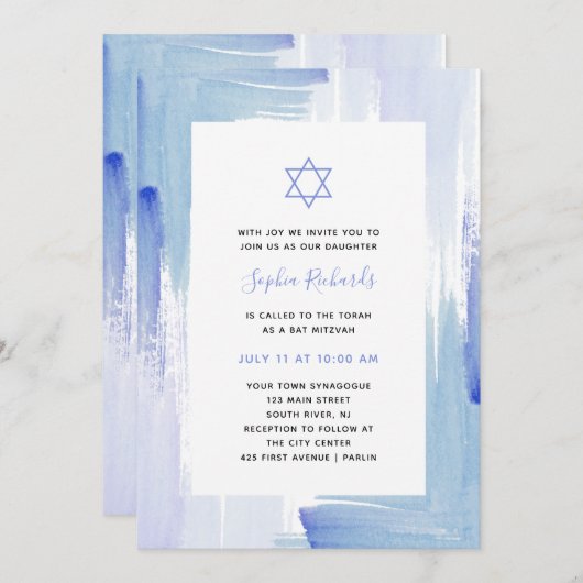 Painterly Blue Waterverf | Bat Mitzvah Kaart (Voorkant / Achterkant)