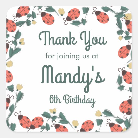 Painterly Lady Bug Birthday Garden Party Vierkante Sticker (Voorkant)
