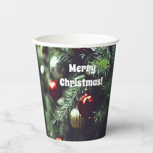 Painterly Merry-kerstboom met rode siervoorwerpen Papieren Bekers (Voorkant)