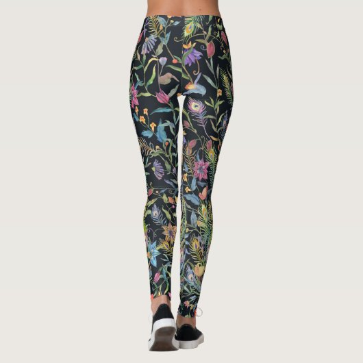 Painterly Peacock Feather, Floral Vines Boho Chic Leggings (Achterkant)