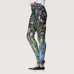Painterly Peacock Feather, Floral Vines Boho Chic Leggings