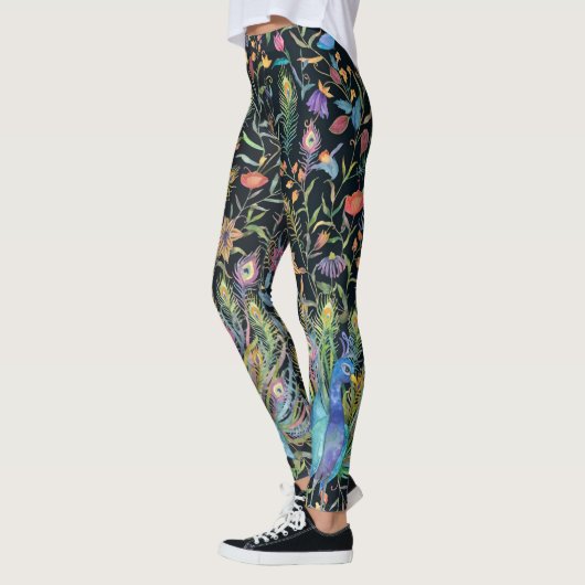 Painterly Peacock Feather, Floral Vines Boho Chic Leggings (Links)