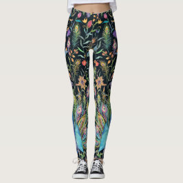 Painterly Peacock Feather, Floral Vines Boho Chic Leggings