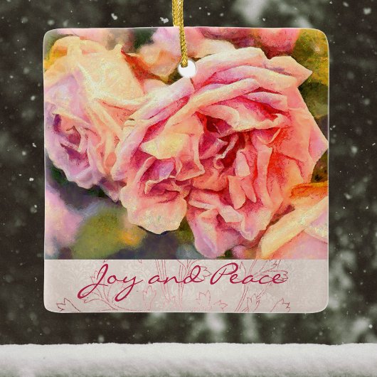Painterly Pink Roses Joy and Peace Keramisch Ornament