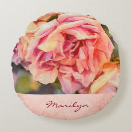 Painterly Pink Roses op Damask Monogramed Rond Kussen