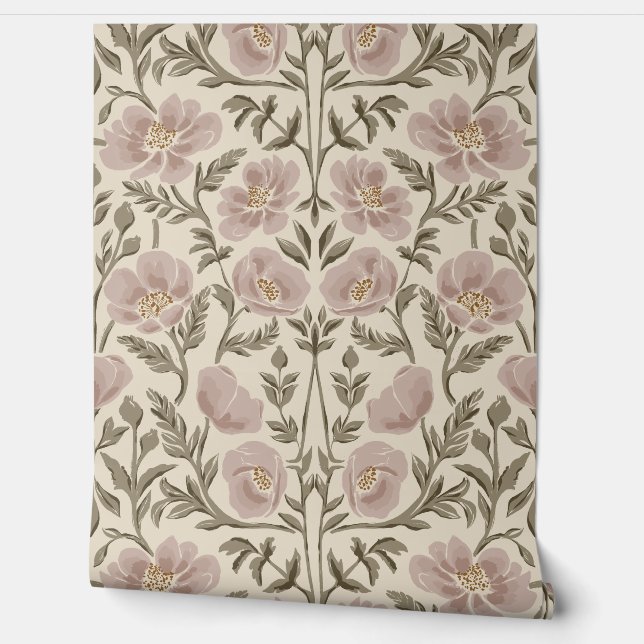 Painterly Poppy Arts and Crafts - Erfgoed Beige Behang (Afrollen)