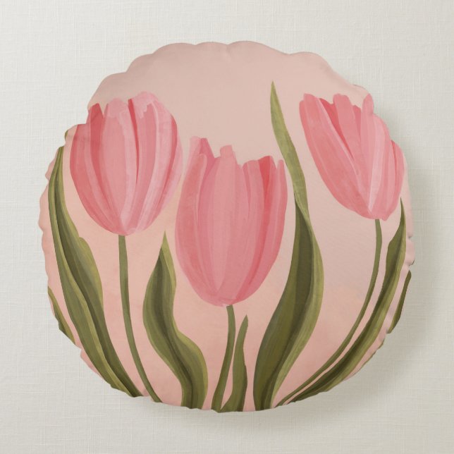 Painterly  roze tulpen rond kussen (Voorkant)
