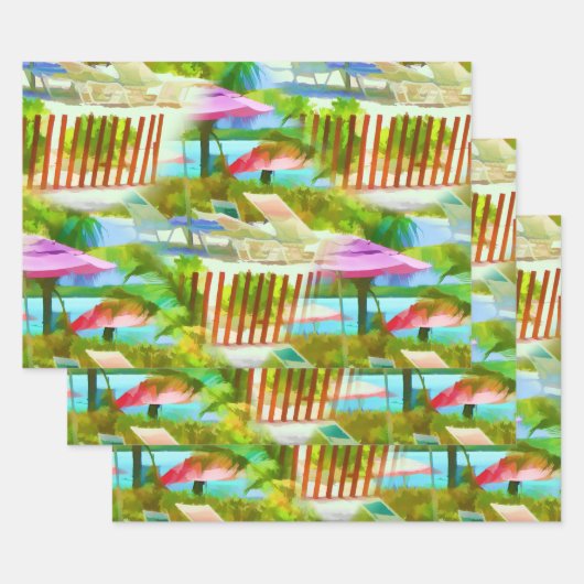 Painterly Tropical Bahama Islands Beach Patroon Inpakpapier Vel (Set)